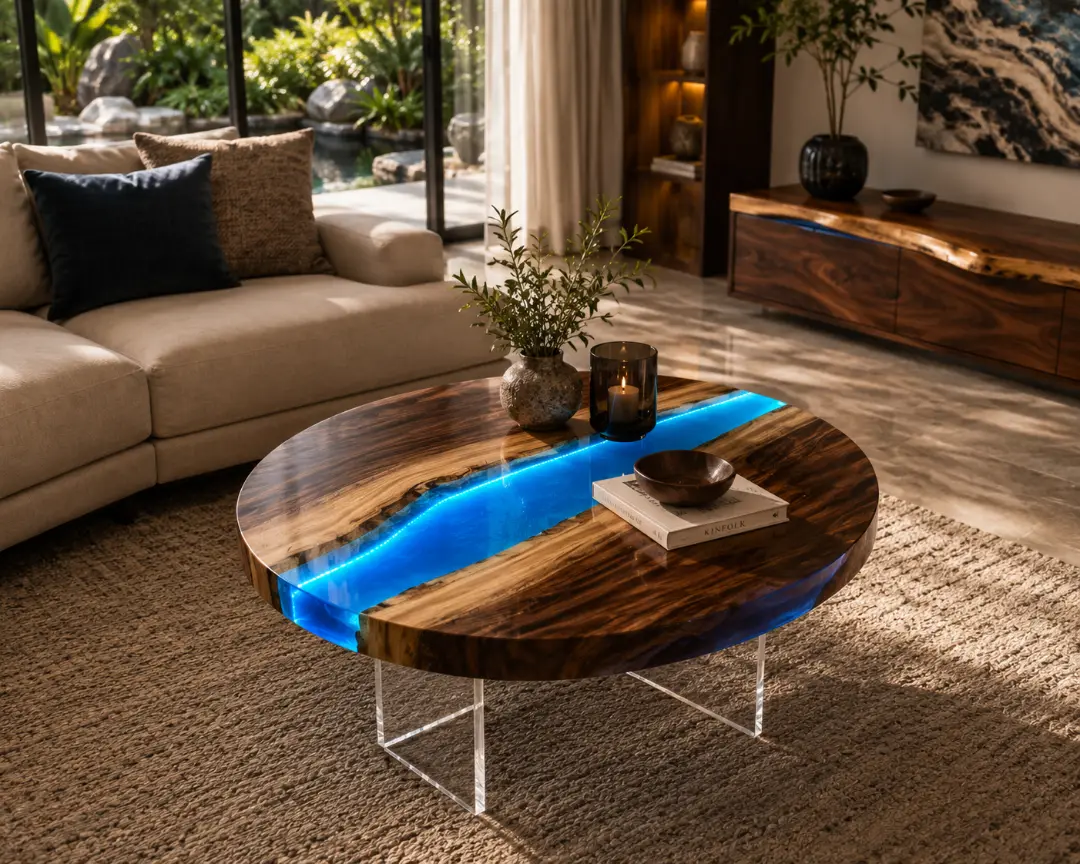 Custom Withe LED Round Coffee Table​ with Ocean Blue Epoxy CRT029