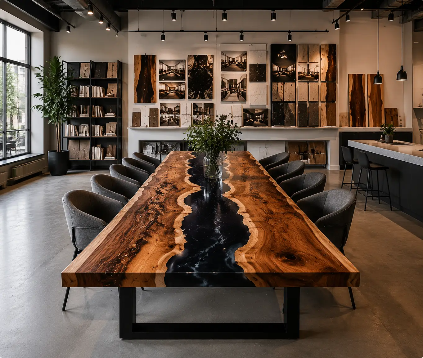 Custom furniture solutions with epoxy and solid wood designs for interior designers