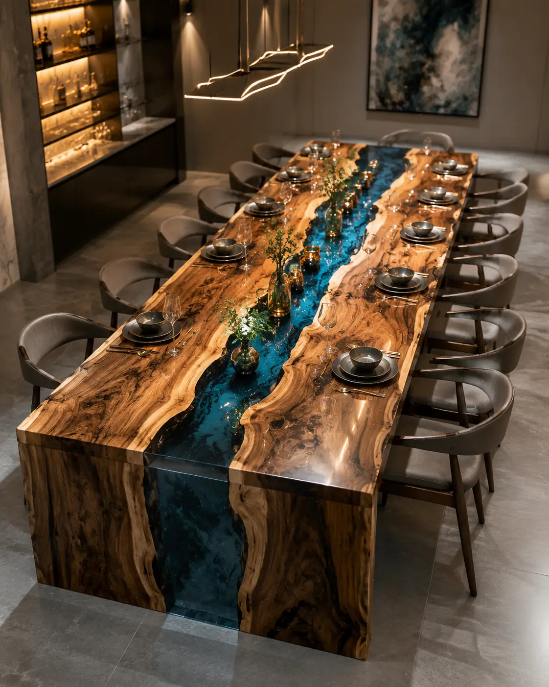 Custom epoxy river dining table designed for luxury hotel and resort dining spaces