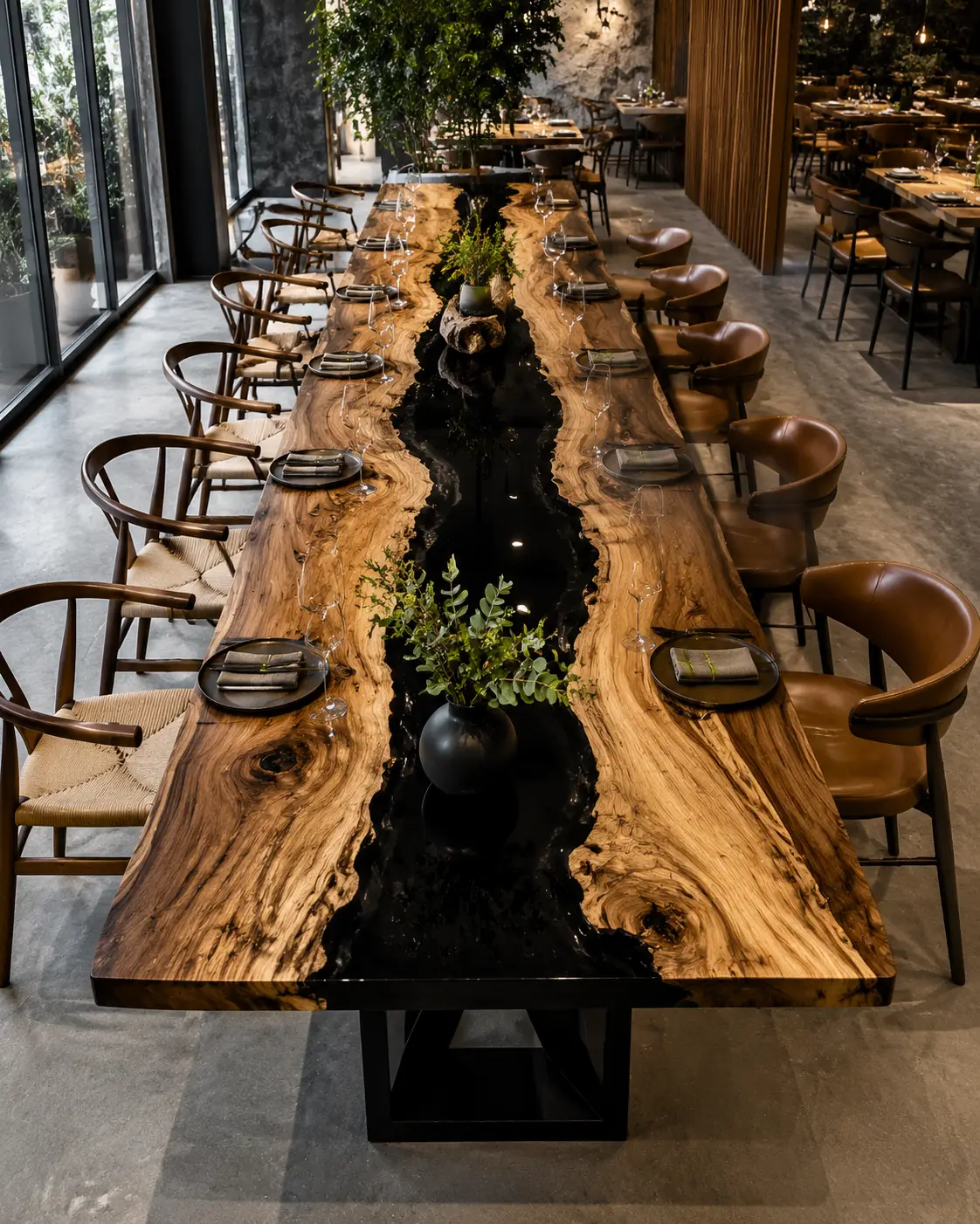 Luxury epoxy restaurant table top with live edge wood design for modern dining spaces