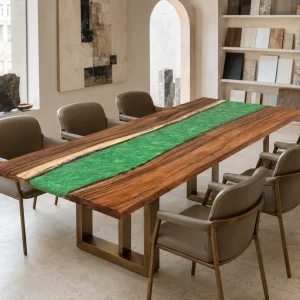 Premium custom Wood Epoxy Table with Emerald Green epoxy resin SKU DET011