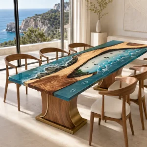 Premium Wood Epoxy Table featuring Ocean Blue epoxy resin product DET018