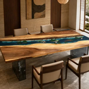 Signature Wood Epoxy Table crafted from and Ocean Blue epoxy resin SKU DET019