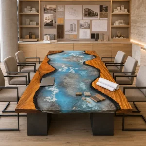 Designer Wood Epoxy Table made with and Blue epoxy resin reference DET020