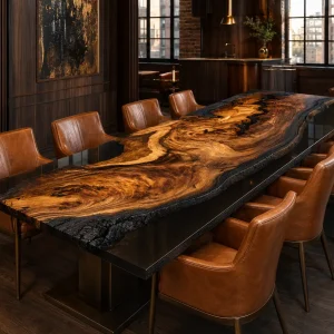 Custom Walnut Epoxy Burnt Wood Table Top with Black epoxy