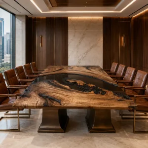 Custom Walnut Epoxy Burnt Wood Table Top with Gery epoxy
