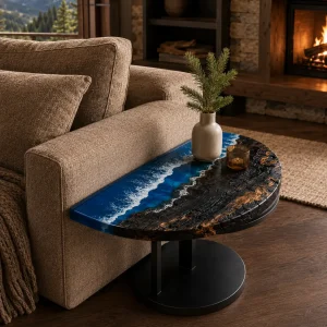 Custom French Poplar Epoxy Burnt Wood Table Top with Blue epoxy