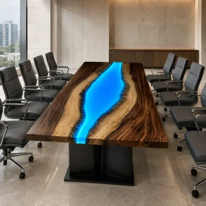 Custom Walnut Epoxy Burnt Wood Table Top with Blue epoxy
