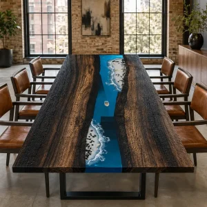 Custom Walnut Epoxy Burnt Wood Table Top with Ocean Blue epoxy