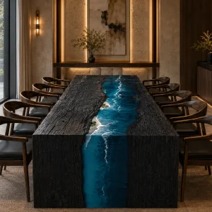 Custom Walnut Epoxy Burnt Wood Table Top with Ocean Blue epoxy