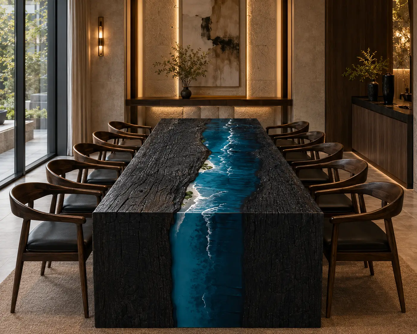 Custom Walnut Epoxy Burnt Wood Table Top with Ocean Blue epoxy