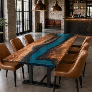 Custom Walnut Epoxy Burnt Wood Table Top with Blue epoxy