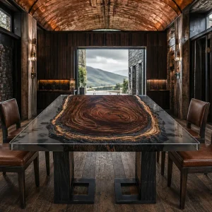 Custom Walnut Epoxy Burnt Wood Table Top with Gery epoxy