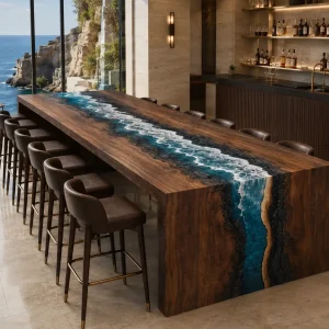 Custom Black Walnut Epoxy Burnt Wood Table Top with Ocean Blue epoxy