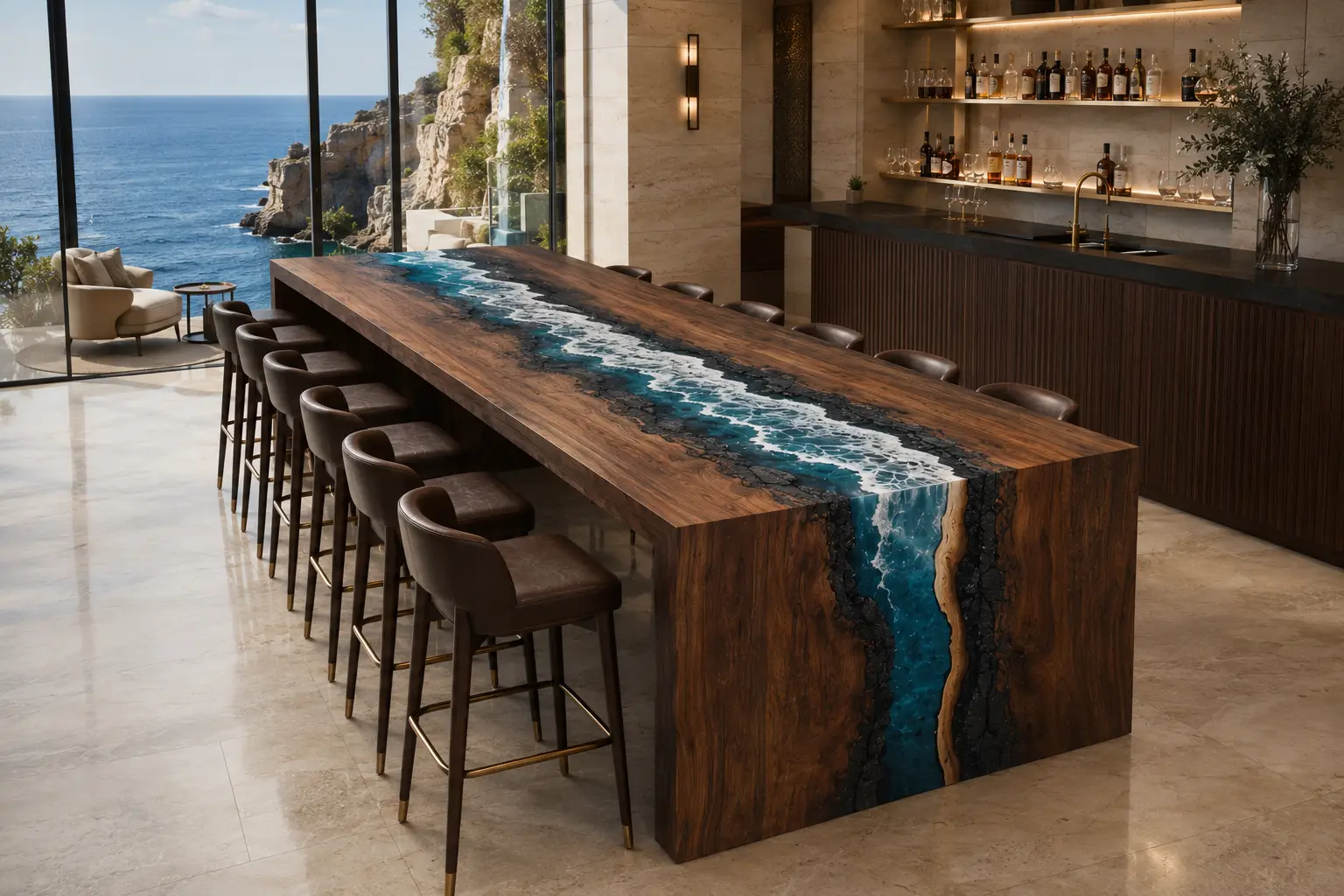 Custom Black Walnut Epoxy Burnt Wood Table Top with Ocean Blue epoxy