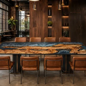 Custom French Poplar Epoxy Burnt Wood Table Top with Ocean Blue epoxy