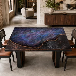 Custom Walnut Epoxy Burnt Wood Table Top with Galaxy epoxy