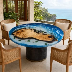 Custom French Poplar Epoxy Burnt Wood Table Top with Ocean Blue epoxy