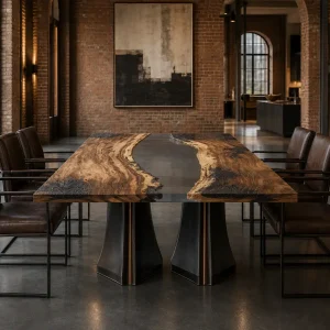 Custom Walnut Epoxy Burnt Wood Table Top with Black epoxy