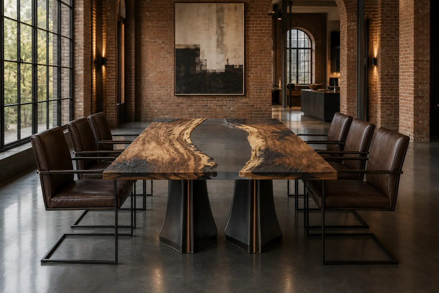 Custom Walnut Epoxy Burnt Wood Table Top with Black epoxy