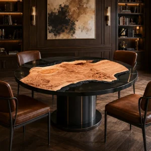 Custom French Poplar Epoxy Burnt Wood Table Top with Black epoxy