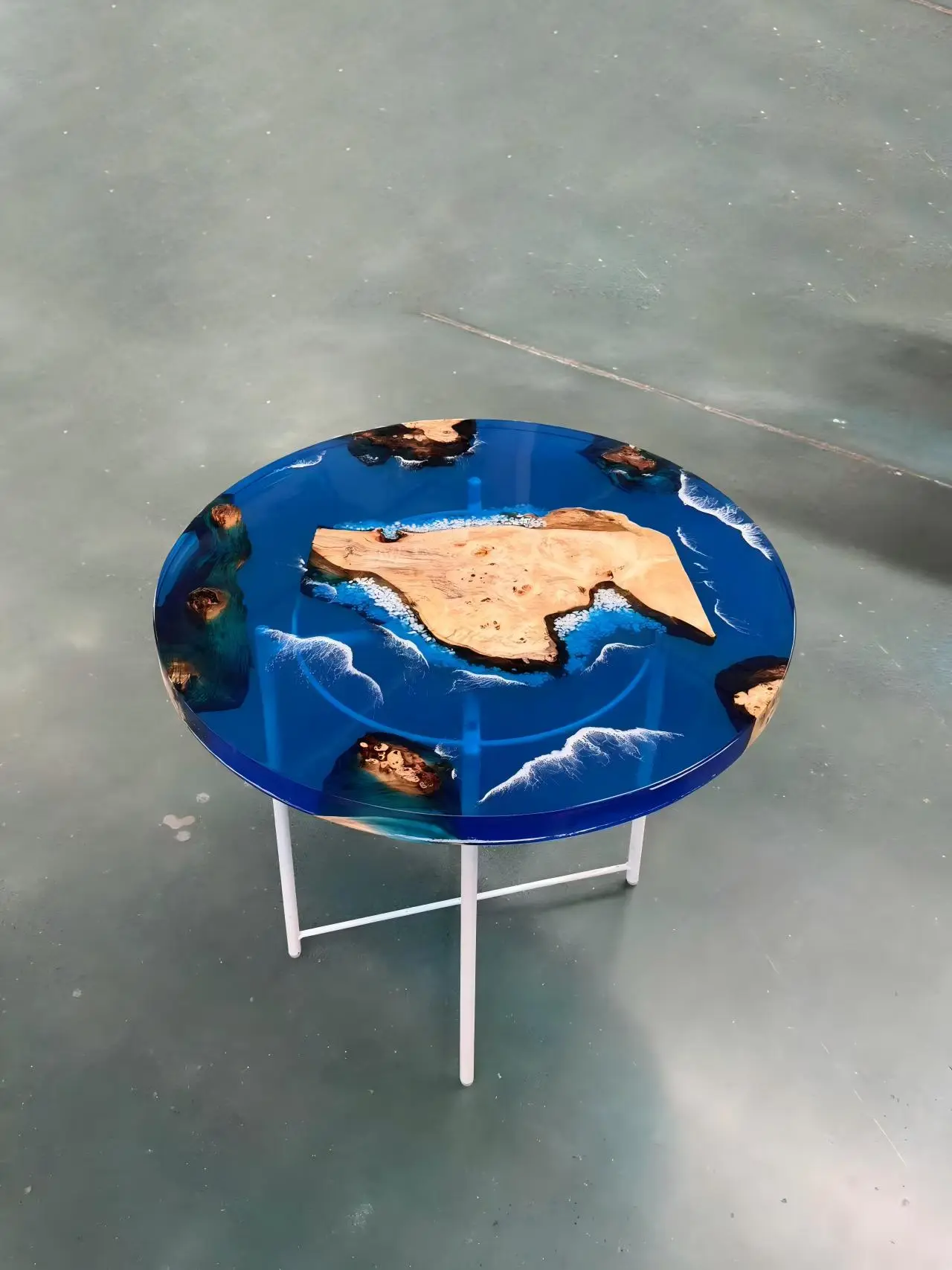 Custom French Poplar Live Edge Epoxy Round Table Top with Blue Epoxy ERTT001