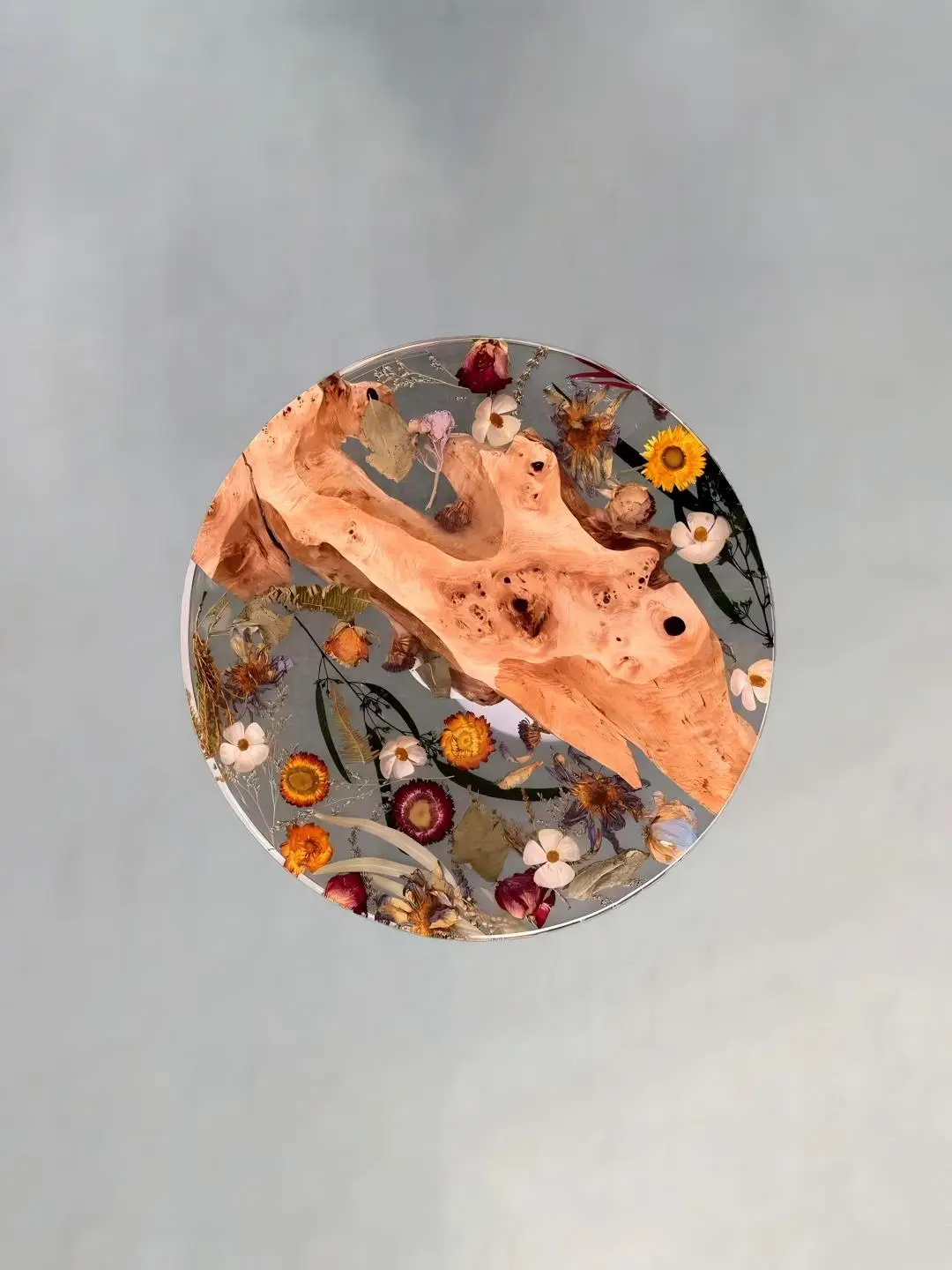 Custom French Poplar Live Edge Epoxy Round Table Top with Crystal Clear Epoxy ERTT003