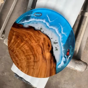Custom Walnut Ocean Beach Epoxy Round Table Top with Blue Epoxy ERTT009