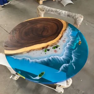 Custom Walnut Ocean Beach Epoxy Round Table Top with Blue Epoxy ERTT011