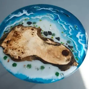 Custom French Poplar Ocean Beach Epoxy Round Table Top with Blue Epoxy ERTT012
