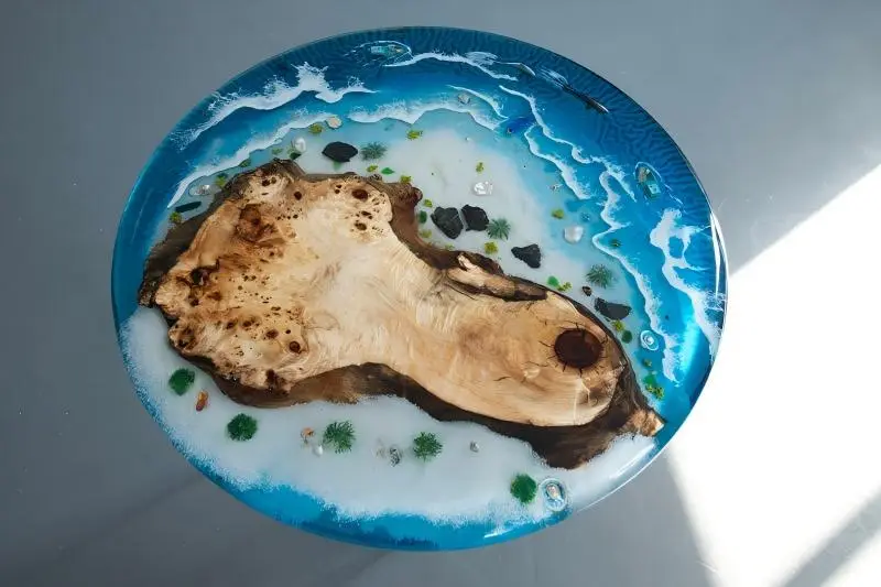 Custom French Poplar Ocean Beach Epoxy Round Table Top with Blue Epoxy ERTT012