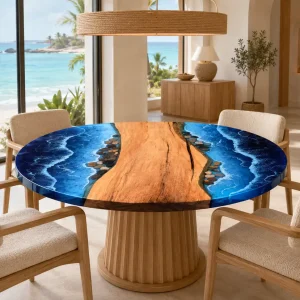 Custom Walnut Live Edge Epoxy Round Table Top with Blue Epoxy ERTT014