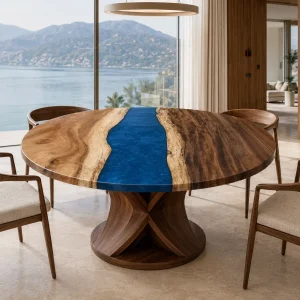 Custom Walnut River Epoxy Round Table Top with Blue Epoxy ERTT015