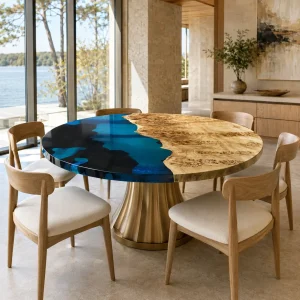 Custom French Poplar Live Edge Epoxy Round Table Top with Blue Epoxy ERTT017
