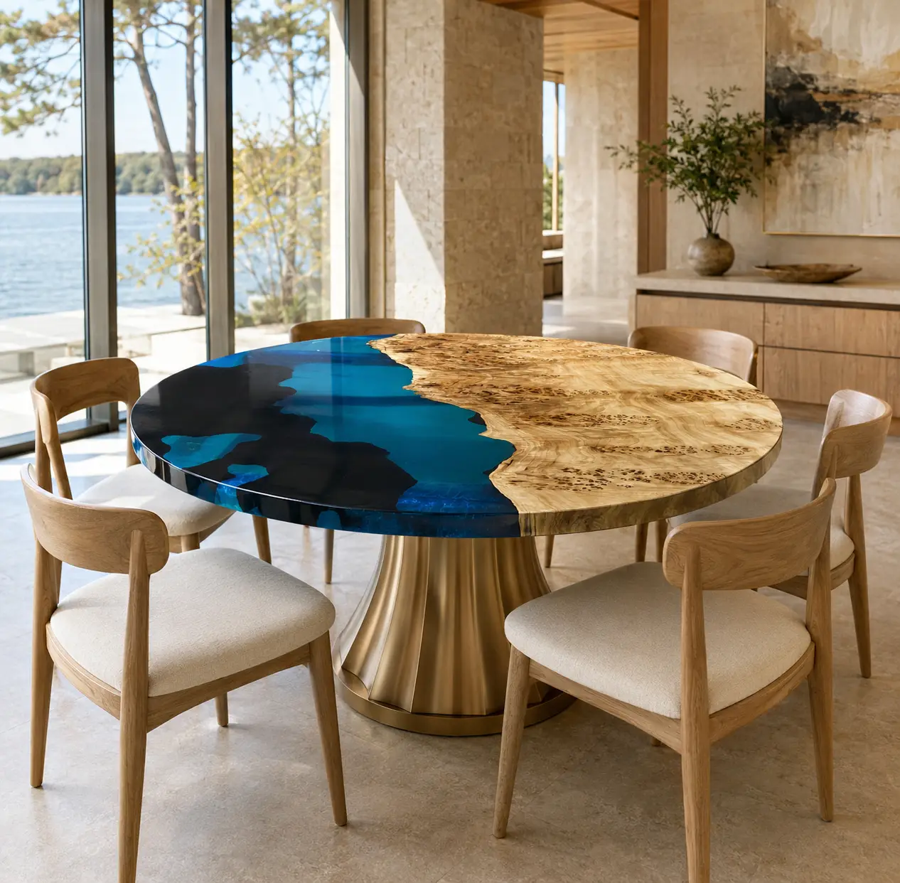 Custom French Poplar Live Edge Epoxy Round Table Top with Blue Epoxy ERTT017