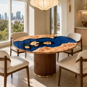 Custom French Poplar Ocean Beach Epoxy Round Table Top with Blue Epoxy ERTT018