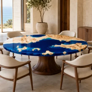 Custom French Poplar Ocean Beach Epoxy Round Table Top with Blue Epoxy ERTT019