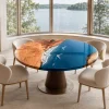 Custom Walnut Ocean Beach Epoxy Round Table Top with Blue Epoxy ERTT020