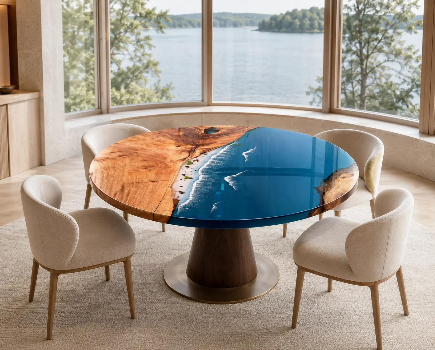 Custom Walnut Ocean Beach Epoxy Round Table Top with Blue Epoxy ERTT020