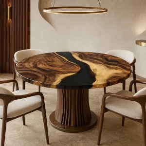 Custom Walnut Live Edge Epoxy Round Table Top with Black Epoxy ERTT024