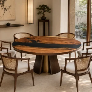 Custom Walnut River Epoxy Round Table Top with Black Epoxy ERTT028