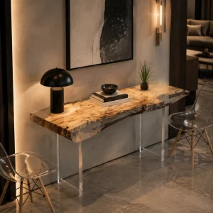 Custom French Poplar Live Edge Epoxy Console Tables with Crystal Clear Epoxy FCS002