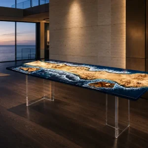 Custom French Poplar Epoxy Console Tables with Blue Epoxy FCS004