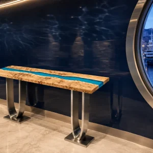 Custom French Poplar River Epoxy Console Tables with Blue Epoxy FCS009