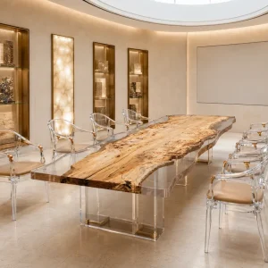 Custom French Poplar Crystal Clear Live Edge Table Conference Tables FCT014