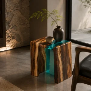 Custom French Poplar Live Edge Epoxy End Tables with Blue Epoxy FE005
