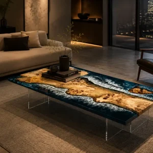 Custom French Poplar Ocean & Beach Epoxy End Tables with Blue Epoxy FE006