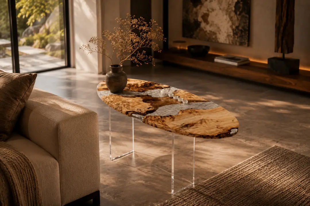 Custom French Poplar Live Edge Epoxy End Tables with Crystal Clear Epoxy FE009
