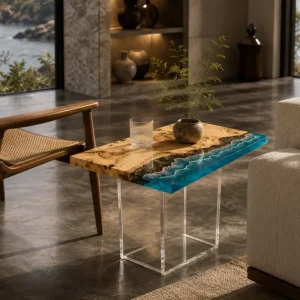 Custom French Poplar Ocean & Beach Epoxy End Tables with Blue Epoxy FE012
