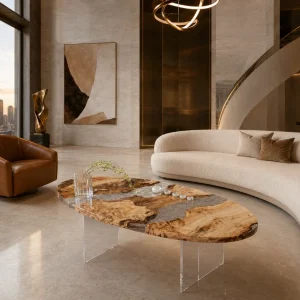 Custom French Poplar Live Edge Epoxy Coffee Tables with Crystal Clear Epoxy FECT002